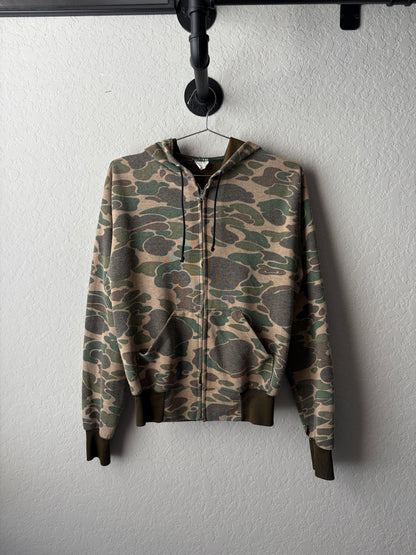 Vintage Faded and Thrashed Camo Zip Up Hoodie : Small