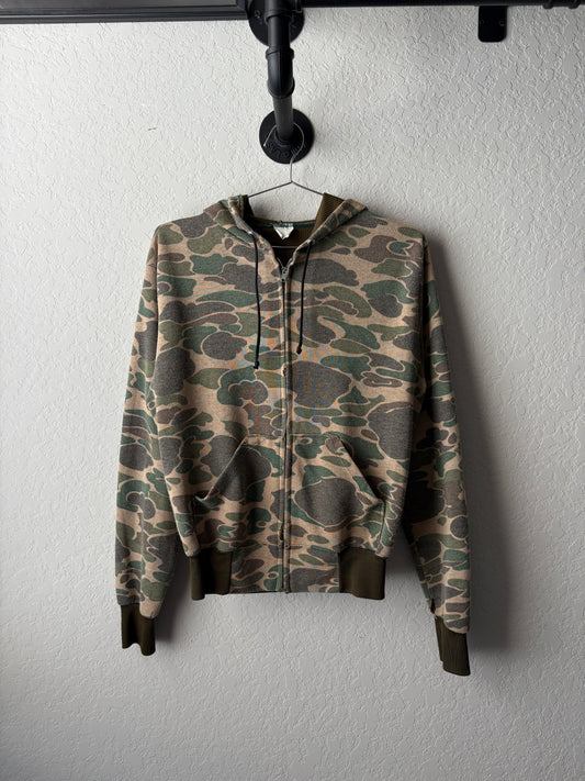 Vintage Faded and Thrashed Camo Zip Up Hoodie : Small