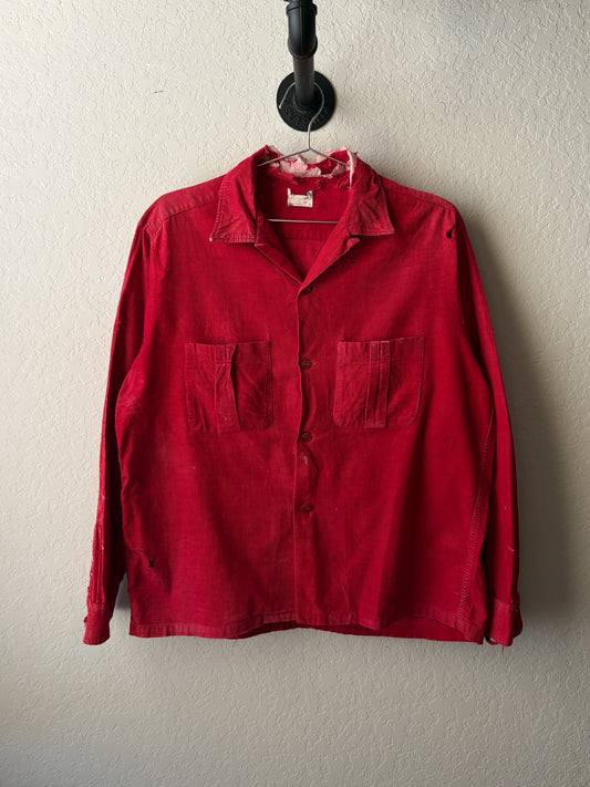 Vintage 1960s Red Corduroy Loop Collar Shirt : Medium